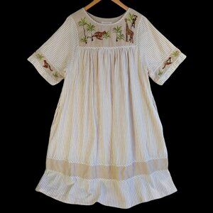 Bechamel Dress Size Medium Embroidered Safari Animals Striped White Tan Vtg